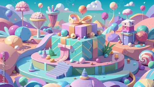 Whimsical Candyland with Vibrant Gifts and Balloons