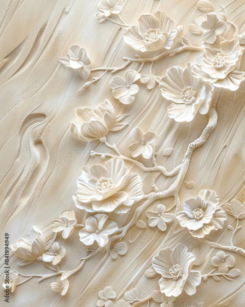 Beautiful flower 3d relief wallpaper. Mural wallpaper. Wall art. AI generated illustration. Beautiful flower 3d relief wallpaper. Mural wallpaper. Wall art. AI generated illustration.