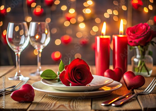 Romantic table setting for Saint Valentine dinner, romance, love, celebration, dinner, table, setting, candles, roses, elegant, romantic, anniversary, date night, special occasion, fancy