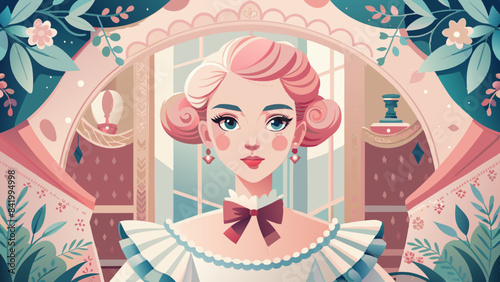 Elegant Vintage Lady in Pastel Parlor: Retro Fashion Illustration