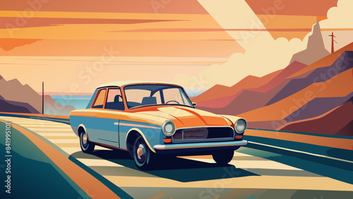 Vintage Car on Scenic Sunset Road Trip Adventure