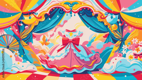 Whimsical Circus Tent Interior Illustration with Vibrant Colors and Playful Patterns