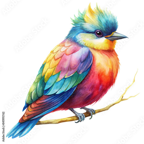 Watercolor bird with bright feathers, perched on a branch, featuring a blend of vivid colors, isolated on transparent background, png. © kanoktuch