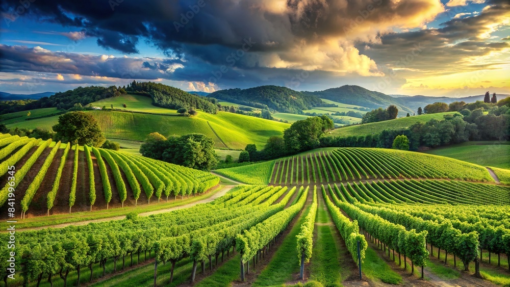 Beautiful landscape featuring lush green vineyard fields, Vineyard, Grape vines, Agriculture, Scenic, Countryside, Harvest, Grapes, Winemaking, Nature, Rural, Farming, Growth, Beauty