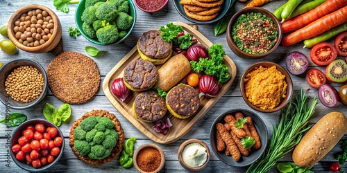 Assortment of plant-based meat alternatives to reduce carbon footprint  plant-based  meat alternatives  eco-friendly  sustainable  food  variety  selection  environmentally friendly