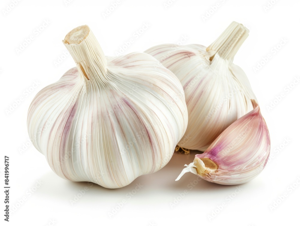 Obraz premium A close-up photo of a garlic bulb isolated on a white background.