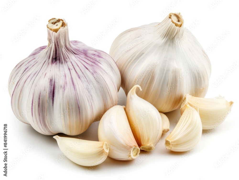 Obraz premium A close-up photo of a garlic bulb isolated on a white background.