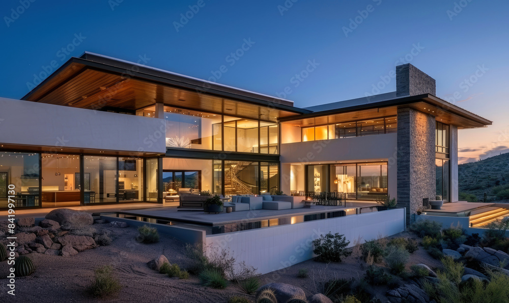 Fototapeta premium Modern house facade at night. Concrete, wood, steel and glass materials