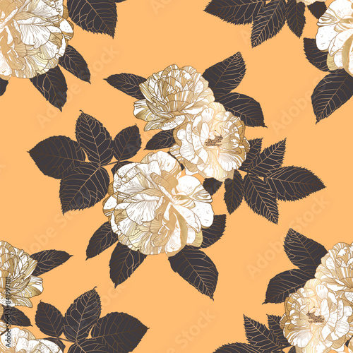 Seamless Luxury Half Drop Pattern with White and Gold Roses and Grey Leaves on Peach Yellow. Great for Textiles, Surfaces, Wallpapers, Wrapping Papers, Fabrics, Prints.  photo