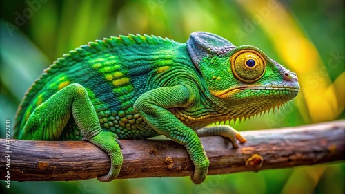 A vibrant green chameleon with bright yellow eyes perches on a slender branch, its prehensile tail curled around the wood, as it carefully observes its surroundings, chameleon, branch photo