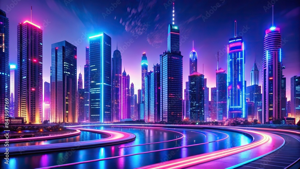 A vibrant, futuristic cityscape unfolds with a glowing neon road winding through the heart of the metropolis, illuminated by neon signs and skyscrapers, Neon road, city, futuristic