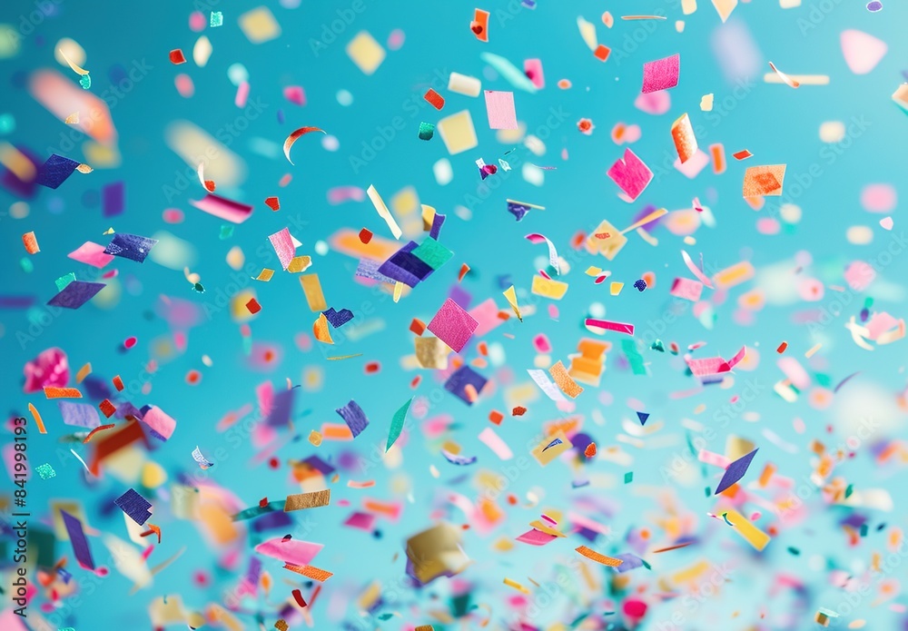 Colorful confetti falling on blue background, festive birthday party decoration. Vibrant celebration atmosphere with multicolored paper pieces. Perfect for parties, celebrations, and joyful events. Colorful confetti falling on blue background, festive birthday party decoration. Vibrant celebration atmosphere with multicolored paper pieces. Perfect for parties, celebrations, and joyful events.