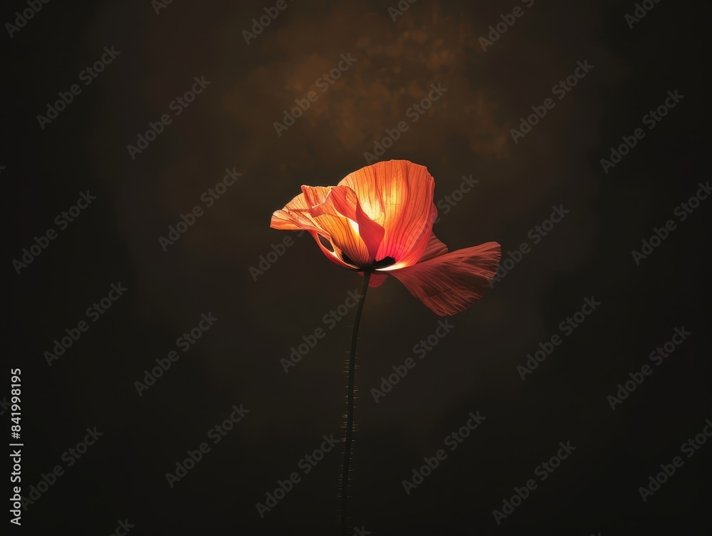 Fototapeta premium Anzac Day tribute, a dark background with a single illuminated poppy, capturing silent solace and hope