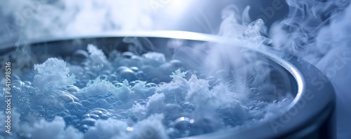 Close-up of cryogenic liquid nitrogen bank holding cell suspension, highly detailed frost and vapor, photorealistic