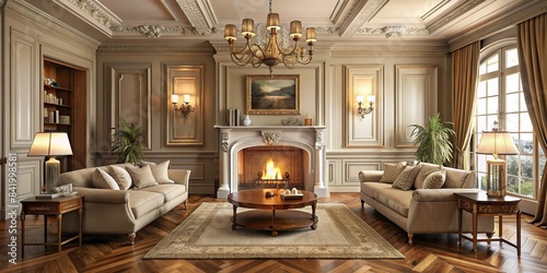 Elegant classic living room with a roaring fireplace   interior design  luxury  home decor  cozy  elegant  vintage  timeless  sophistication  stylish  comfortable  grand  traditional