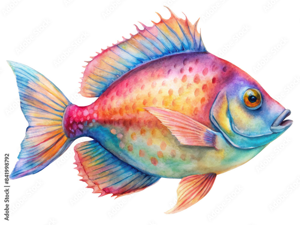 Fototapeta premium Watercolor rainbow fish illustration, featuring bright colors and intricate scale patterns, isolated on transparent background, png.