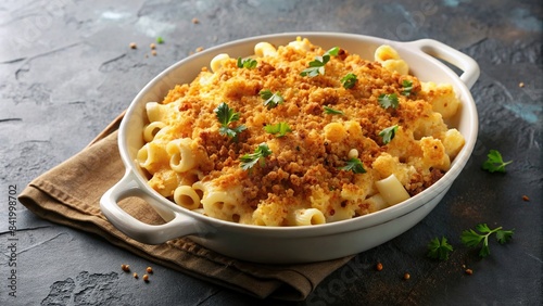 Creamy mac and cheese topped with crispy breadcrumbs, comfort food, cheesy, pasta, baked, homemade, delicious, creamy, indulgent, comfort food, gourmet, carb-loaded, cheesy goodness