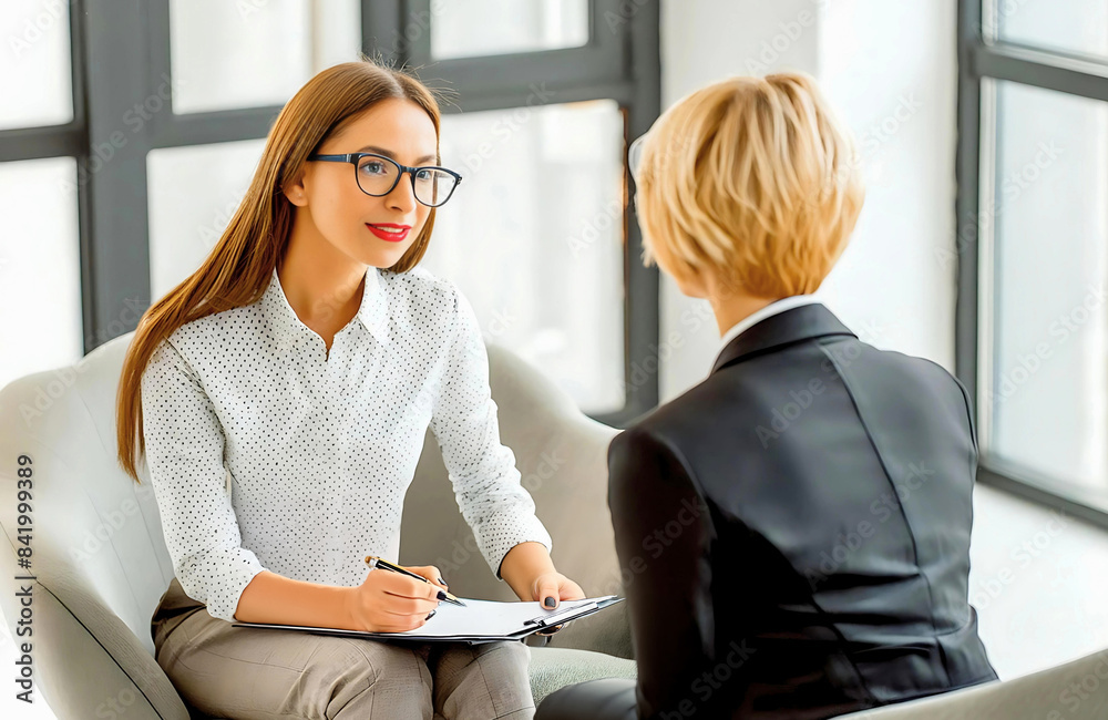 A female psychologist and a therapy client in a psychologist interview or a human resources employee and a prospective employee in a job interview. A female psychologist and a therapy client in a psychologist interview or a human resources employee and a prospective employee in a job interview.