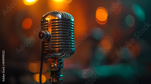Vintage microphone illuminated by colorful lighting. Retro mic for music performance or spoken word in dim auditorium or theatre stage. Concept of entertainment, music, arts.