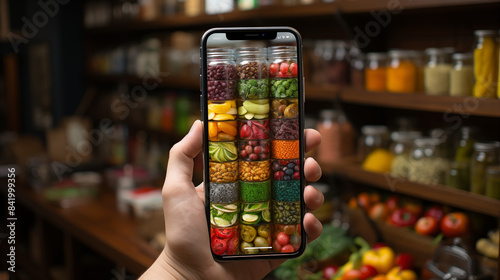   A Person Holding a Cell Phone with a Variety of Fruits and Vegetables on the Screen