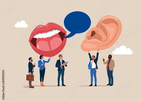 Business people talk. Productive dialogue between. Art corporate communication between coworkers, manager and team. Flat vector illustration