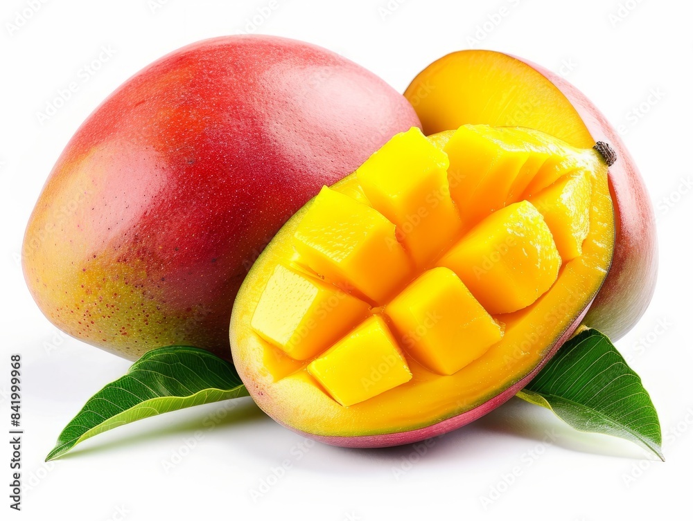 Two ripe mangoes with green leaves on a white background. Two ripe mangoes with green leaves on a white background.