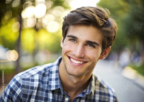 Young man smiling and making eye contact with the camera outdoors, happy, man, smiling, outdoor, face, focus, portrait, joy, content, cheerful, confidence, youthful, casual, carefree