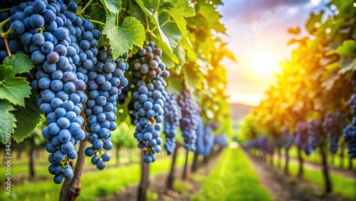 Sun-drenched rows of vibrant blue wine grape bunches hang heavy amidst lush green foliage, their plump berries bursting with ripeness in a picturesque summer vineyard, vineyard, grapes photo