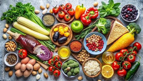 Balanced flexitarian Mediterranean diet with healthy food choices , flexitarian, Mediterranean diet, balanced, healthy, food, vegetables, fruits, whole grains, nuts, seeds, plant-based photo