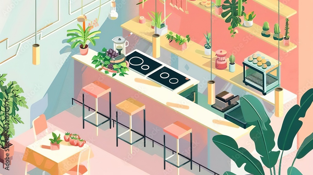 Fototapeta premium Isometric view of a farm-to-table restaurant kitchen with fresh, local ingredients and eco-friendly decor, depicting the organic and sustainable practices, with copy space for text