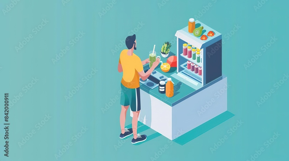 Naklejka premium Simple, Isometric illustration of a fitness enthusiast preparing a nutritious smoothie, indicating the connection between nutrition and vitality, with space for text