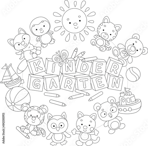 Welcome to kindergarten card with cartoony baby animals, bricks with letters, pencils, funny toys and a smiling sun, black and white vector cartoon illustration for a coloring book