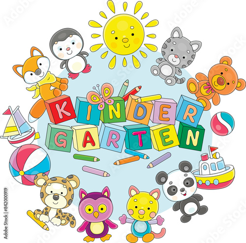 Welcome to kindergarten card with cartoony baby animals, colorful bricks with letters, color pencils, funny toys and a smiling yellow sun, vector cartoon illustration
