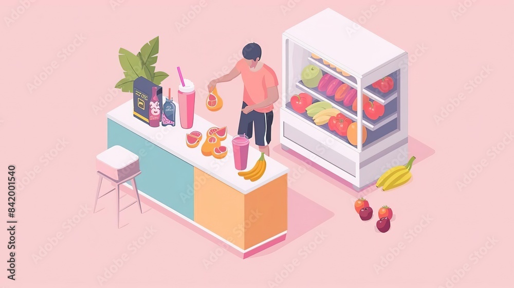 Fototapeta premium Simple, Isometric illustration of a fitness enthusiast preparing a nutritious smoothie, indicating the connection between nutrition and vitality, with space for text