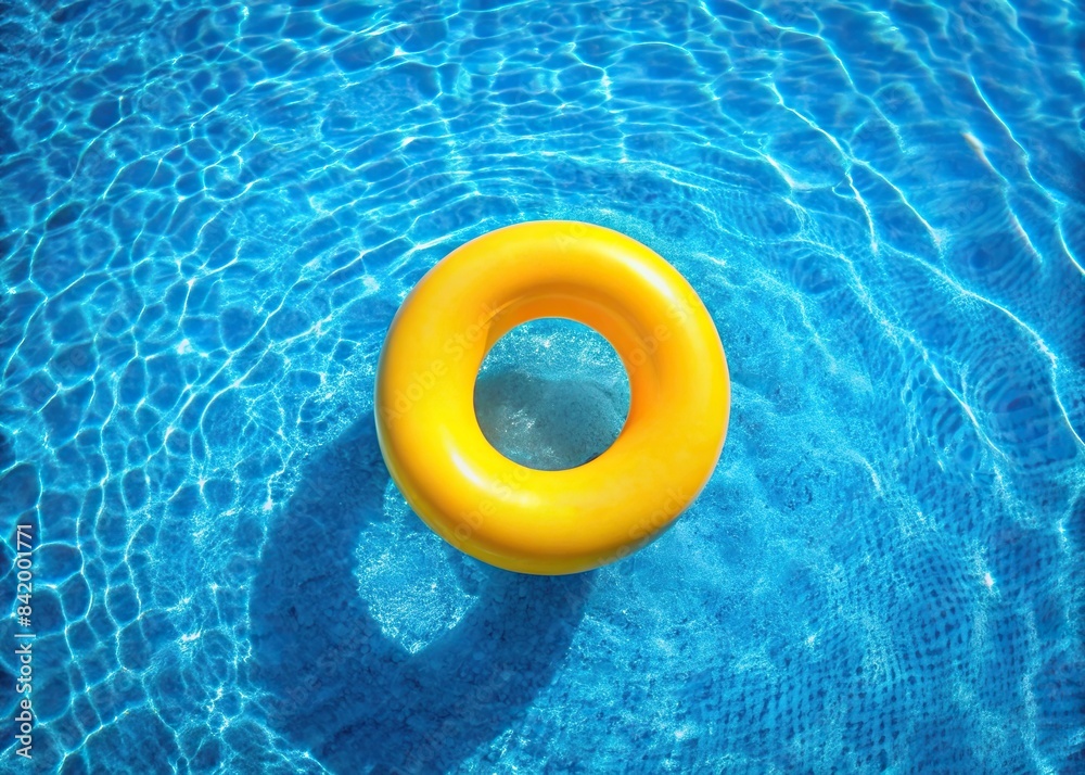 Yellow Swimming Pool Ring Float in Blue Water, Summer Background, Top