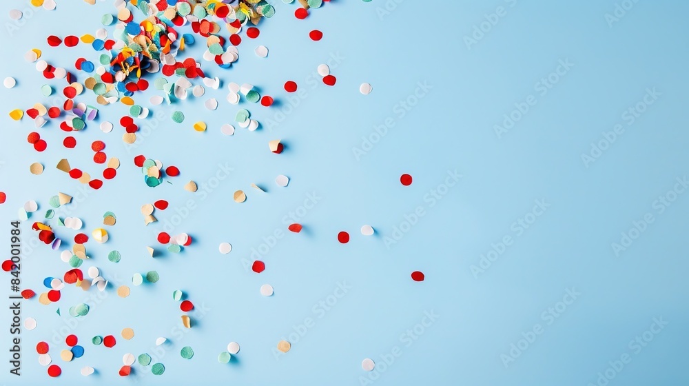 Colorful confetti falling on blue background, festive birthday party decoration. Vibrant celebration atmosphere with multicolored paper pieces. Perfect for parties, celebrations, and joyful events. Colorful confetti falling on blue background, festive birthday party decoration. Vibrant celebration atmosphere with multicolored paper pieces. Perfect for parties, celebrations, and joyful events.