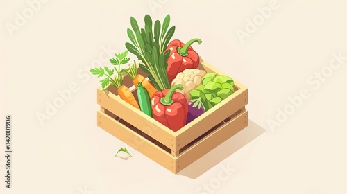 Wooden crate filled with fresh vegetables  peppers  carrots  broccoli  and greens.