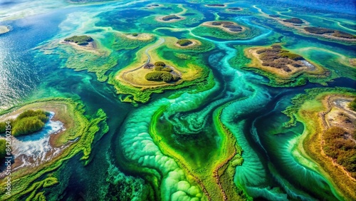 A mesmerizing aerial view of emerald green algae swirling in vibrant patterns, creating a captivating abstract landscape reminiscent of Earth's oceanic depths, algae, swirl, pattern, green © Woonsen