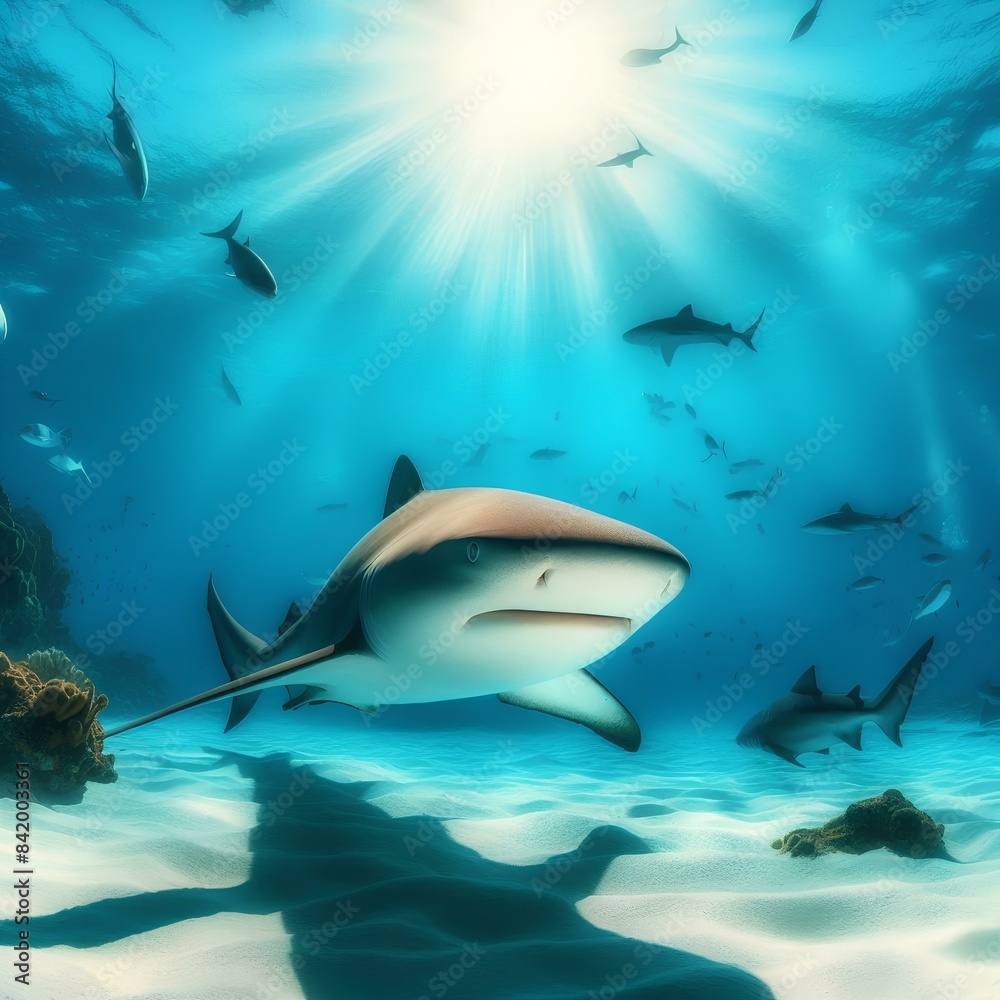 Fototapeta premium Nurse shark swims in tropical blue sea with sunny light. Swimming with shark