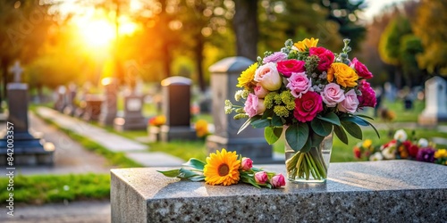 Bouquet of flowers placed on a tombstone at a cemetery , funeral, remembrance, grief, mourning, cemetery, burial, death, sadness, loss, memory, sorrow, memorial, tradition, respect, devotion