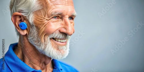 A cheerful older man wearing a bright blue shirt smiles proudly as he shows off his custom made silicone earplugs, showcasing their intricate details and comfort, older man photo