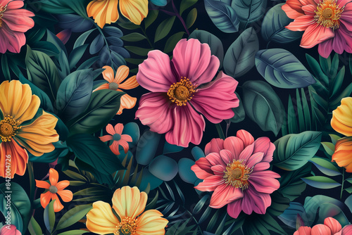 A vibrant and colorful floral pattern featuring a variety of large  detailed flowers in shades of pink  yellow  and orange  set against a dark background with lush green leaves creating a striking