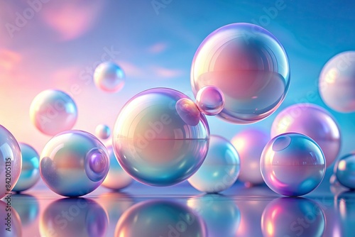 Pastel spheres with glossy reflections float serenely against a soft pink and blue gradient background  creating a calming and ethereal ambiance   rendering  pastel spheres  glossy
