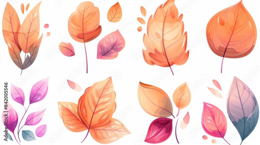 Fototapeta premium Colorful autumn foliage fall leaf watercolor vector collection set