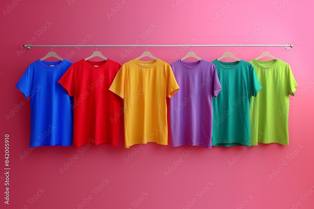 T shirt with many colors hanging on the rail