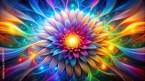 A vibrant, abstract energy flower bursts from a swirling, multi-colored background, radiating an otherworldly glow, abstract, futuristic, energy, flower, multi-color, colorful, background