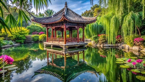A serene pond reflecting the intricate details of a traditional Chinese pavilion, surrounded by lush bamboo and vibrant flowers, Chinese garden, pavilion, pond, reflection, bamboo, flower