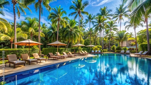 A sparkling blue swimming pool surrounded by lush palm trees  sun loungers  and umbrellas  creating a serene oasis for hotel guests  hotel swimming pool  poolside  luxury resort