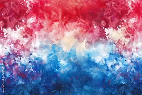 Abstract watercolor backdrop with a patriotic red, white, and blue tie-dye pattern, suited for creative festival banners.
