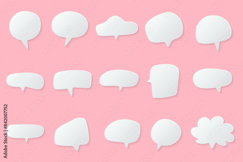 White paper cut speech bubbles, Abstract icon different shapes blank doodle bubbles, banners Template ready for use in web or print design isolated, 3D effect comics message balloon template. White paper cut speech bubbles, Abstract icon different shapes blank doodle bubbles, banners Template ready for use in web or print design isolated, 3D effect comics message balloon template.